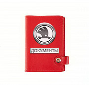 Обложка на автодокументы на кнопке с кармашками Документы Шкода ,красная Глазов
